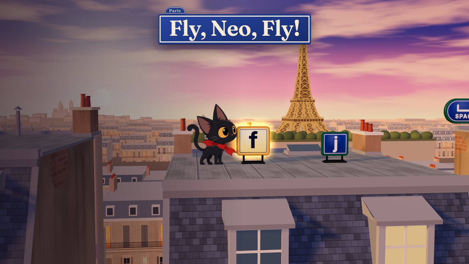 Fly, Neo, Fly! A black kitten in a red scarf on a Paris rooftop at sunset, the Eiffel Tower behind.